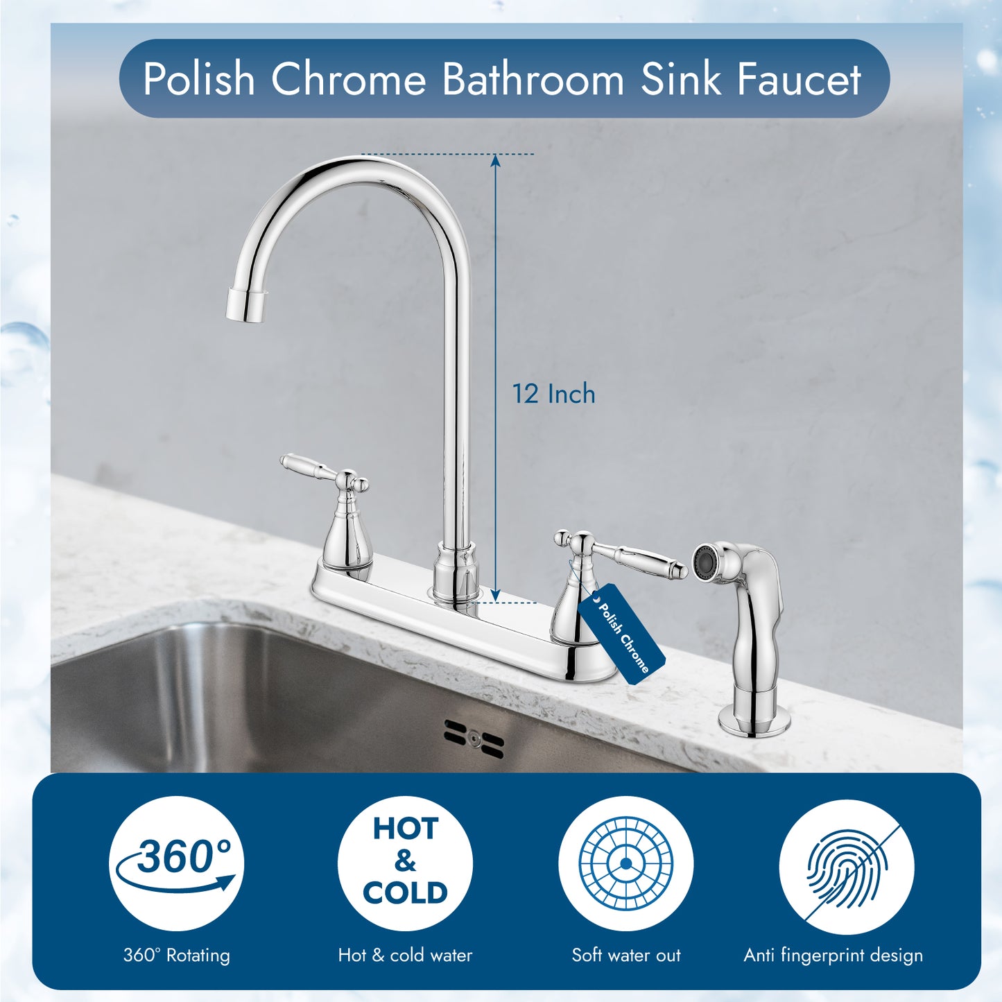 
                  
                    Cinwiny Kitchen Sink Faucet with Pull-Out Side Sprayer, High-Arc SUS304 360° Rotating Spout 2-Handle 8 Inch Centerset Kitchen Faucet with Supply Lines
                  
                