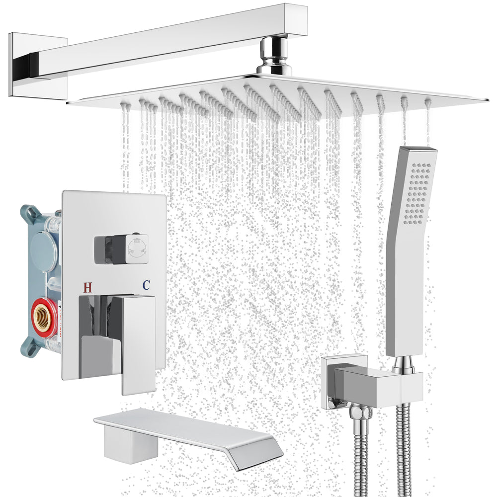 
                  
                    Cinwiny Shower System with Tub Spout Wall Mount Tub Shower Faucet Set Complete 12 Inch Shower Head with Handheld Spray 3 Function Rough-In Valve Included
                  
                