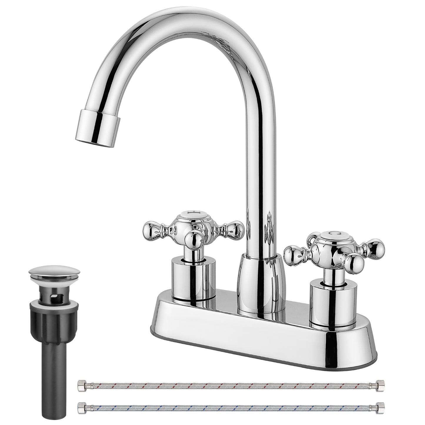 
                  
                    Cinwiny 4 inch Centerset Bathroom Sink Faucet Double Cross Handle with Pop-Up Drain,Deck Mount Modern Bathroom Vanity Lavatory Faucet with 360 Degree Rotation Spout Water Supply Hoses
                  
                