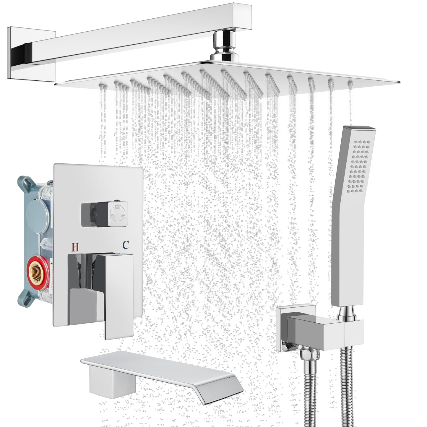 
                  
                    Cinwiny Shower System with Tub Spout Wall Mount Tub Shower Faucet Set Complete 10 Inch Shower Head with Handheld Spray 3 Function Rough-In Valve Included
                  
                