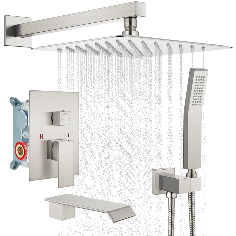 
                  
                    Cinwiny Shower System with Tub Spout Wall Mount Tub Shower Faucet Set Complete 12 Inch Shower Head with Handheld Spray 3 Function Rough-In Valve Included
                  
                