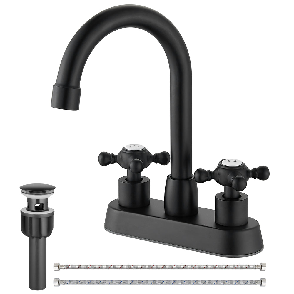 Cinwiny 4 inch Centerset Bathroom Sink Faucet Double Cross Handle with Pop-Up Drain,Deck Mount Modern Bathroom Vanity Lavatory Faucet with 360 Degree Rotation Spout Water Supply Hoses