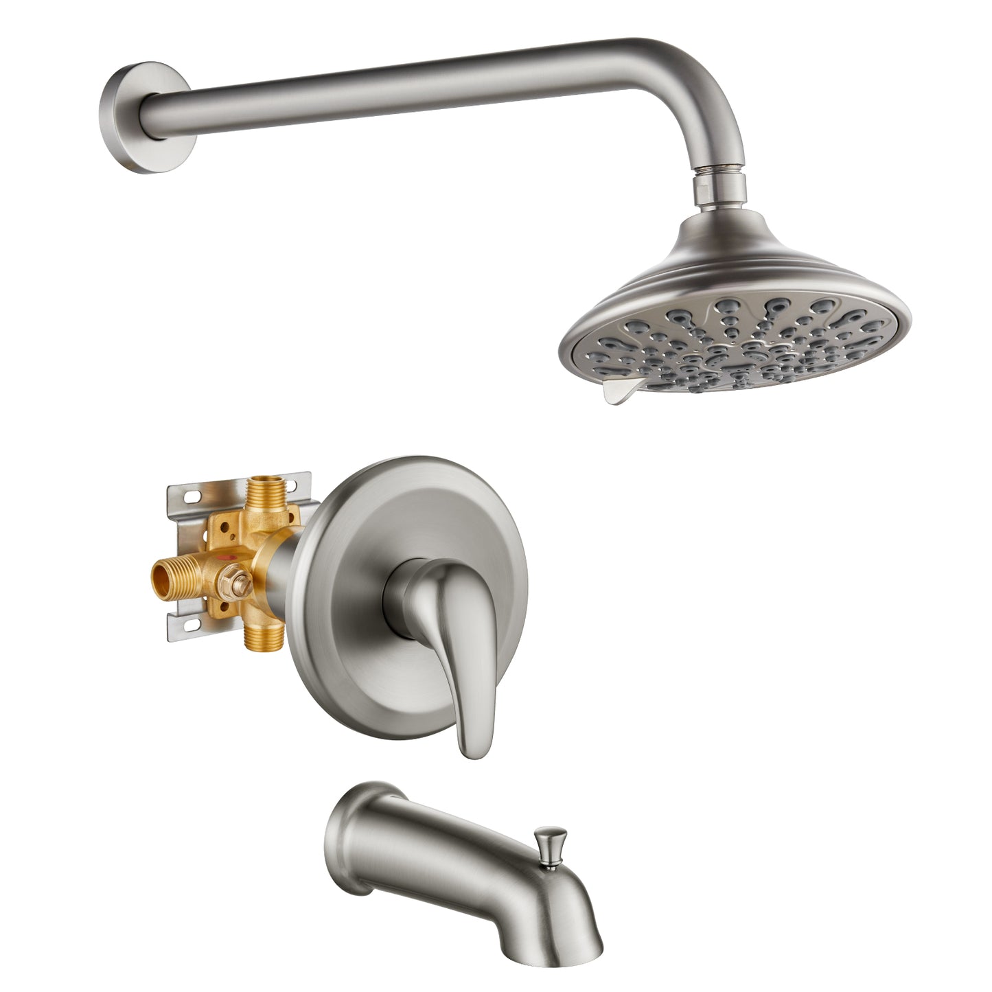 
                  
                    Shower Faucet Set with Tub Spout Pressure Balancing Rough-in Valve Wall Mount Shower System 5 Modes 6 Inch Shower Head with Tub Filler 1 Lever Dual Function Shower Trim Kit
                  
                