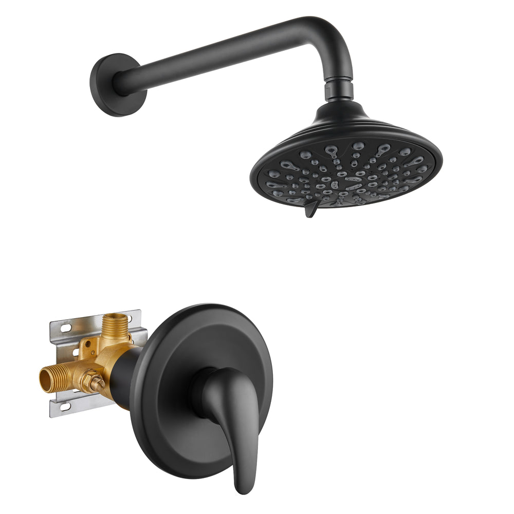 Shower Faucet with Pressure Balancing Rough-in Valve Shower System Wall Mount 6” 5-spray Shower Head One Lever Single Function Bathroom Shower Trim Kit