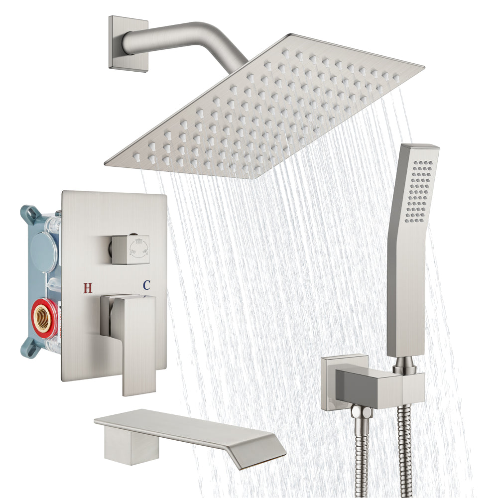 
                  
                    Cinwiny Shower System with Tub Spout Wall Mount Tub Shower Faucet Set Complete 8 Inch Shower Head with Handheld Spray 3 Function Rough-In Valve Included
                  
                