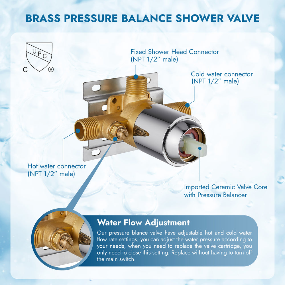 
                  
                    Shower Faucet Set with Tub Spout Pressure Balancing Rough-in Valve Wall Mount Shower System 5 Modes 6 Inch Shower Head with Tub Filler 1 Lever Dual Function Shower Trim Kit
                  
                