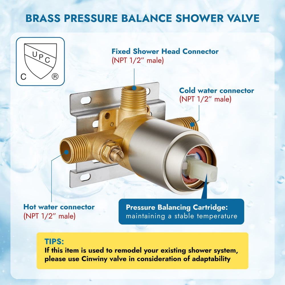 
                  
                    Shower Faucet with Pressure Balancing Rough-in Valve Shower System Wall Mount 6” 5-spray Shower Head One Lever Single Function Bathroom Shower Trim Kit
                  
                