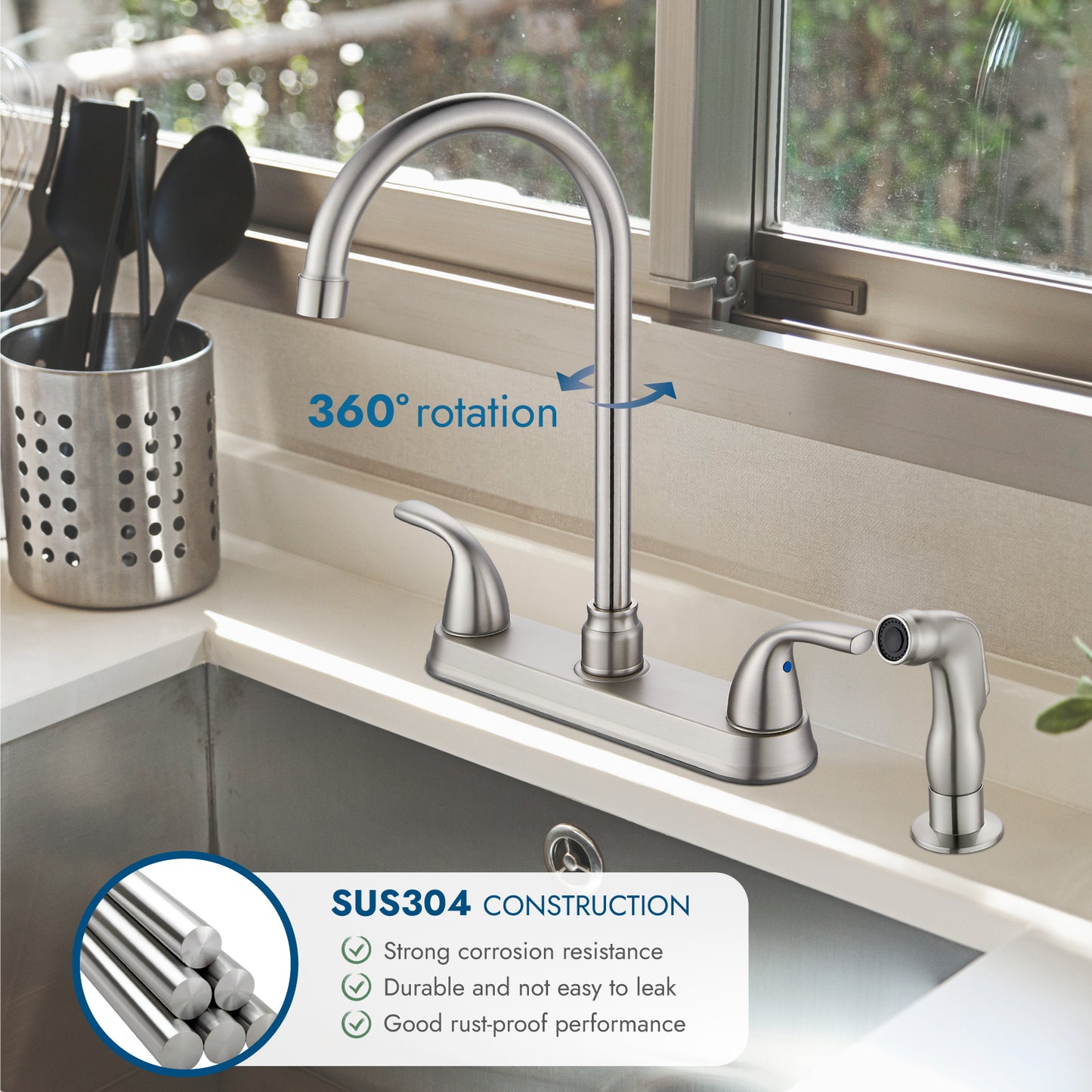 
                  
                    Cinwiny Kitchen Faucet with Pull Out Side Sprayer 2 Handle High-Arc 360° Swivel 4 Hole Kitchen Sink Faucets 8 Inch Centerset Kitchen Faucet with Supply Lines
                  
                