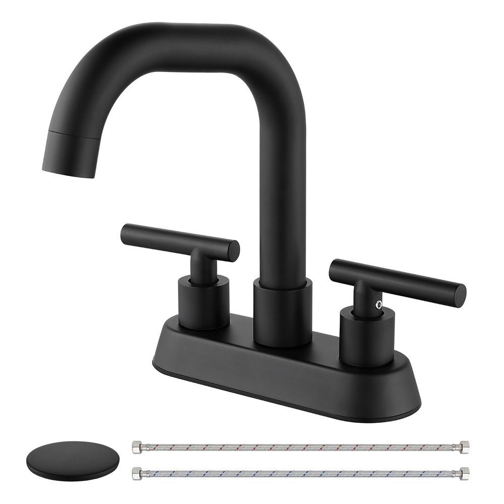 Cinwiny 4 inch centerset Bathroom Faucet Two Handle Vanity Faucet Swivel Spout 360 Degree Deck Mounted Mixer Tap with Pop-up Stopper Water Supply Hoses
