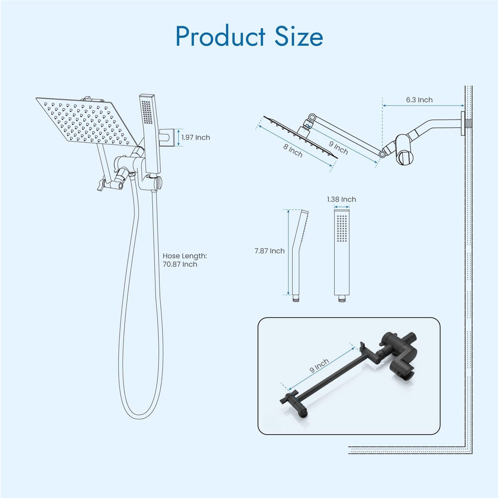 
                  
                    Cinwiny Dual Square Shower Head Combo All Metal High Pressure 8 inch Rain Shower Head with Handheld with 71" Extra Long Flexible Hose,Smooth 3-Way Diverter,Adjustable Extension Arm
                  
                