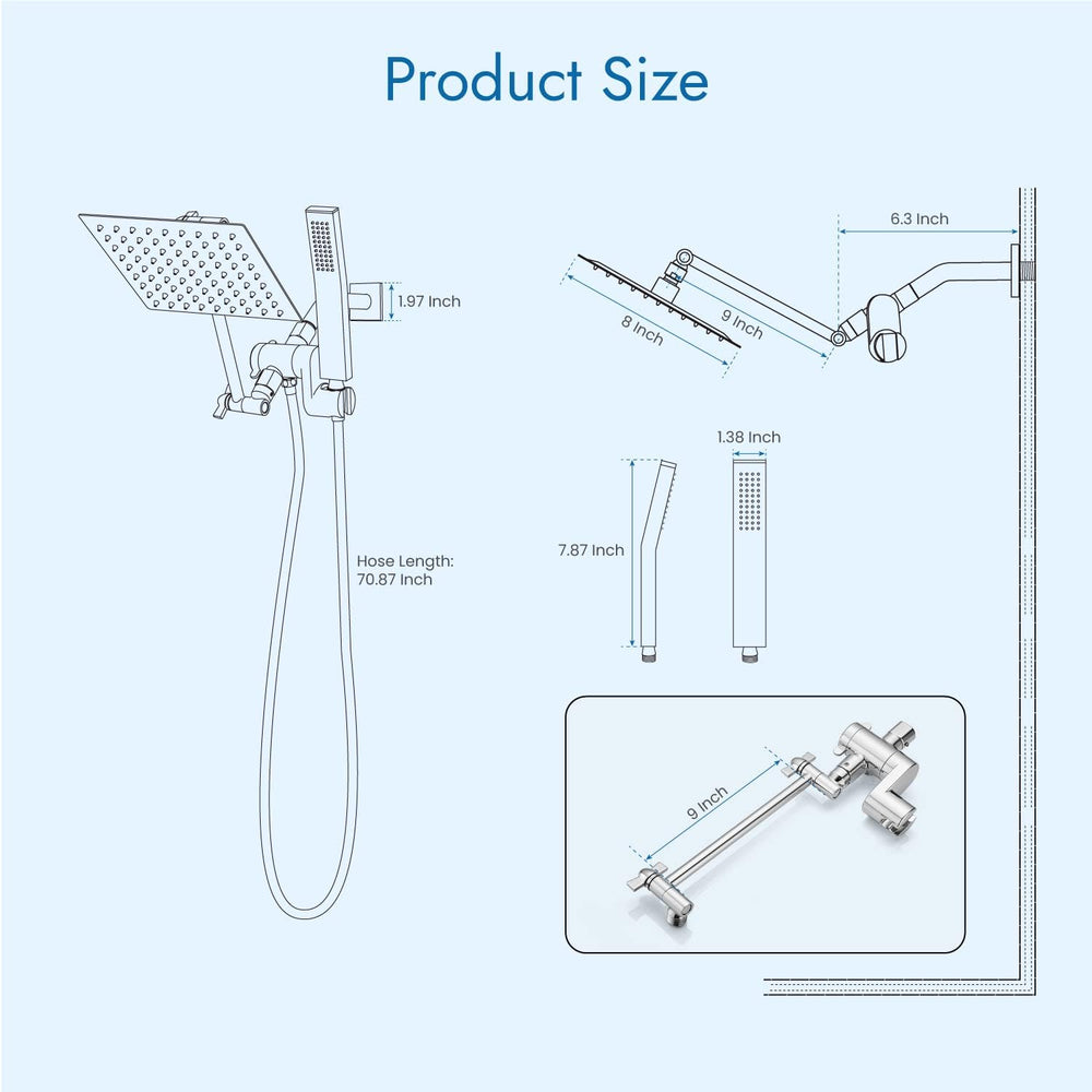 
                  
                    Cinwiny Dual Square Shower Head Combo All Metal High Pressure 8 inch Rain Shower Head with Handheld with 71" Extra Long Flexible Hose,Smooth 3-Way Diverter,Adjustable Extension Arm
                  
                