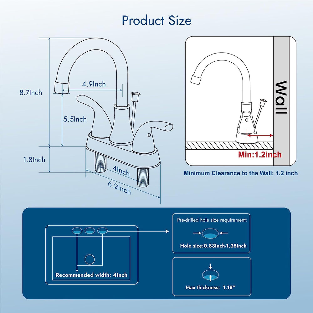 
                  
                    Cinwiny 4 Inch Centerset Bathroom Faucets with Lift Rod Drain Stopper 4 Inch Bathroom Sink Faucets 3 Hole Lavatory Vanity Faucet Deck Mounted Dual Handle Mixer Tap 360° Swivel Spout
                  
                