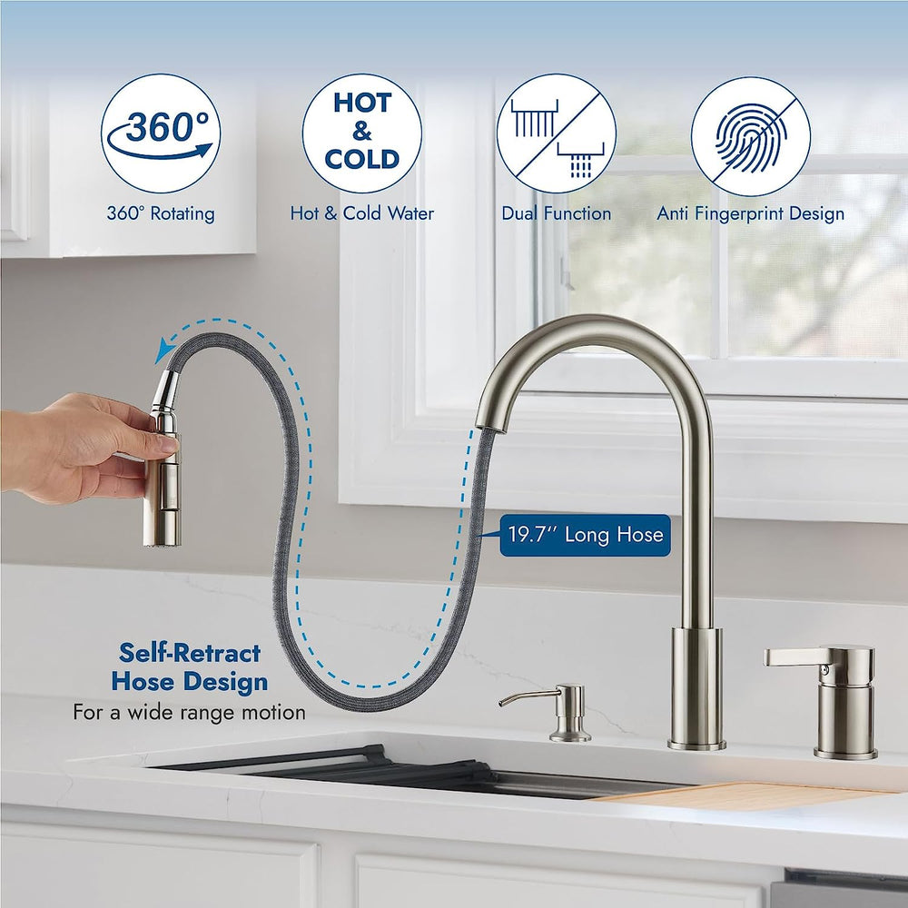 
                  
                    Cinwiny 3 Hole Kitchen Faucet Single Handle Kitchen Faucet with Pull Down Sprayer Deck Mounted Single Handle 2 Hole Widespread Kitchen Sink Faucet with Soap Dispenser
                  
                