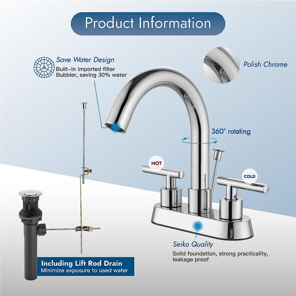 
                  
                    Cinwiny 4 Inch Centerset Bathroom Faucets with Lift Rod Drain Stopper Bathroom Sink Faucet 3 Holes Dual Handle Vanity Faucet 360° Swivel Spout Lavatory RV Faucet Mixer Tap
                  
                