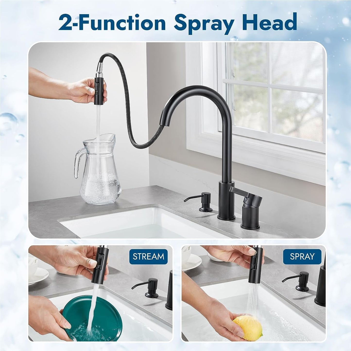 
                  
                    Cinwiny 3 Hole Kitchen Faucet Single Handle Kitchen Faucet with Pull Down Sprayer Deck Mounted Single Handle 2 Hole Widespread Kitchen Sink Faucet with Soap Dispenser
                  
                