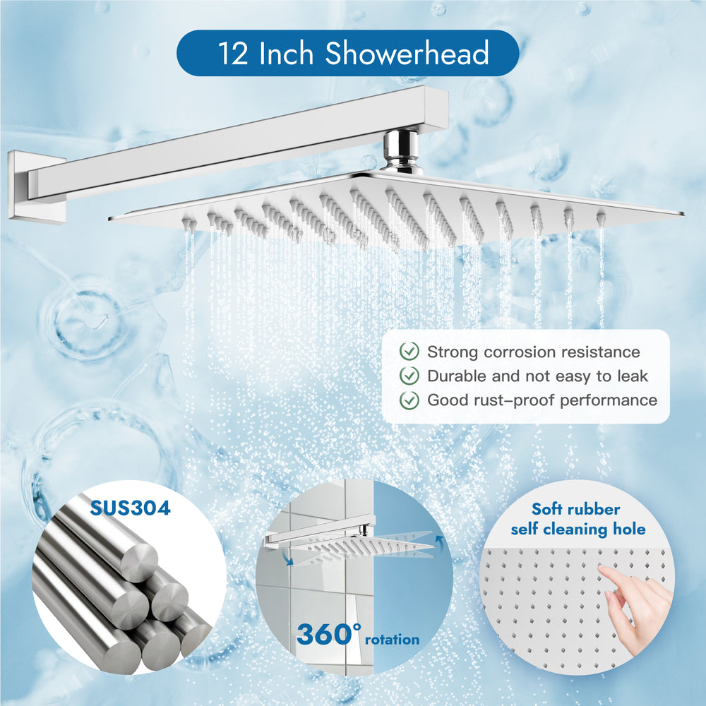 
                  
                    Cinwiny Shower System with Tub Spout Wall Mount Tub Shower Faucet Set Complete 12 Inch Shower Head with Handheld Spray 3 Function Rough-In Valve Included
                  
                