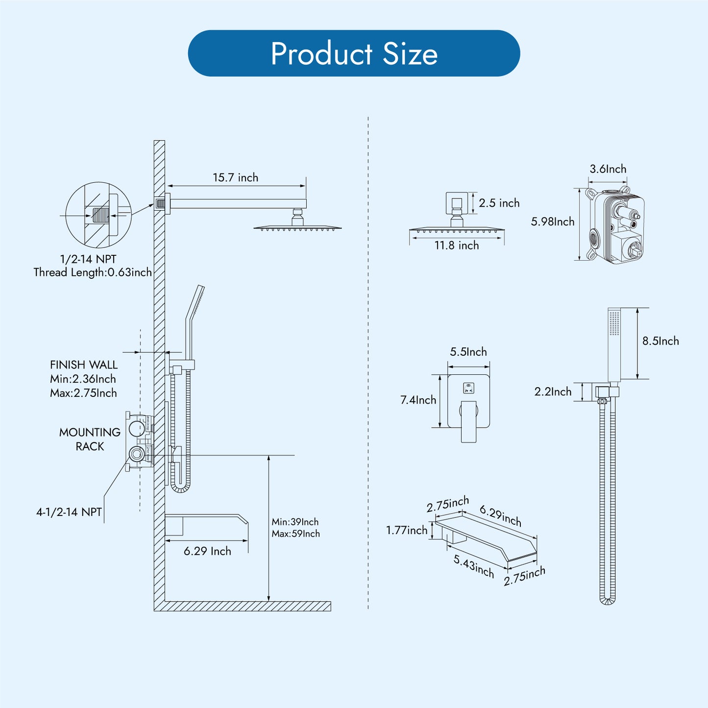 
                  
                    Cinwiny Shower System with Tub Spout Wall Mount Tub Shower Faucet Set Complete 12 Inch Shower Head with Handheld Spray 3 Function Rough-In Valve Included
                  
                