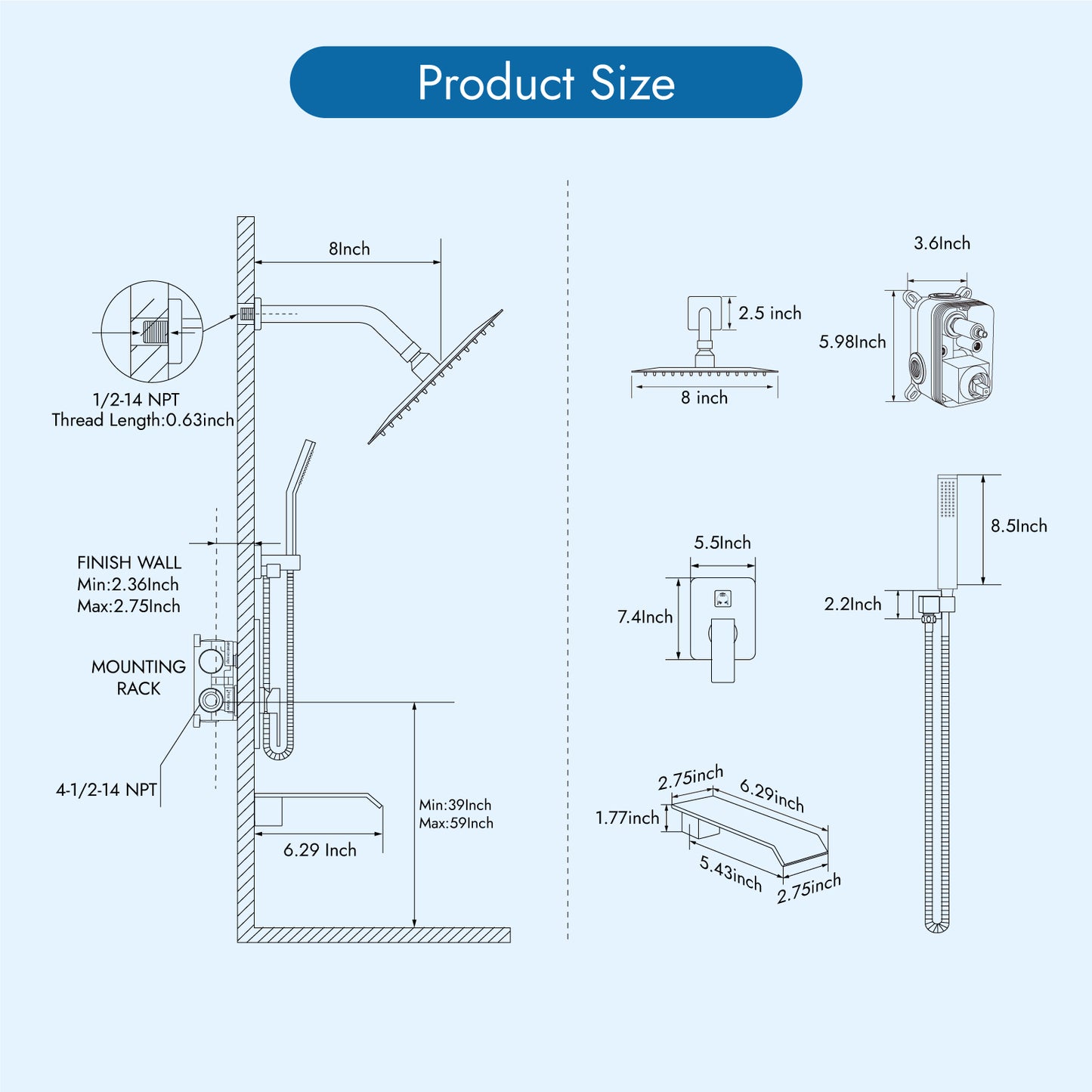 
                  
                    Cinwiny Shower System with Tub Spout Wall Mount Tub Shower Faucet Set Complete 8 Inch Shower Head with Handheld Spray 3 Function Rough-In Valve Included
                  
                