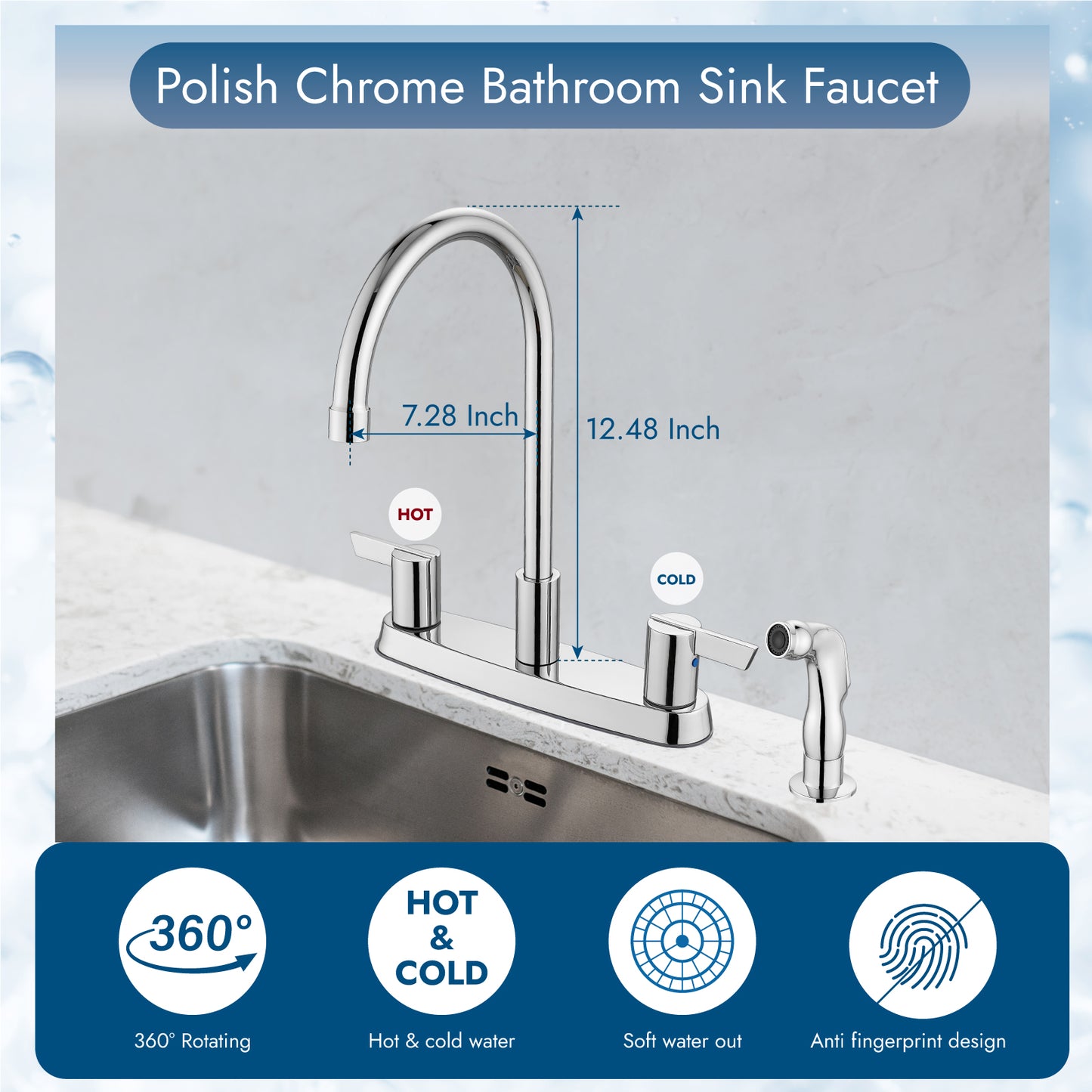 
                  
                    Cinwiny Kitchen Faucet,Double Handle Kitchen Sink Faucet with Side Sprayer 8 Inch Centerset Kitchen Faucets High-Arc 360 Degree Swivel Spout Kitchen Faucet with Supply Lines
                  
                