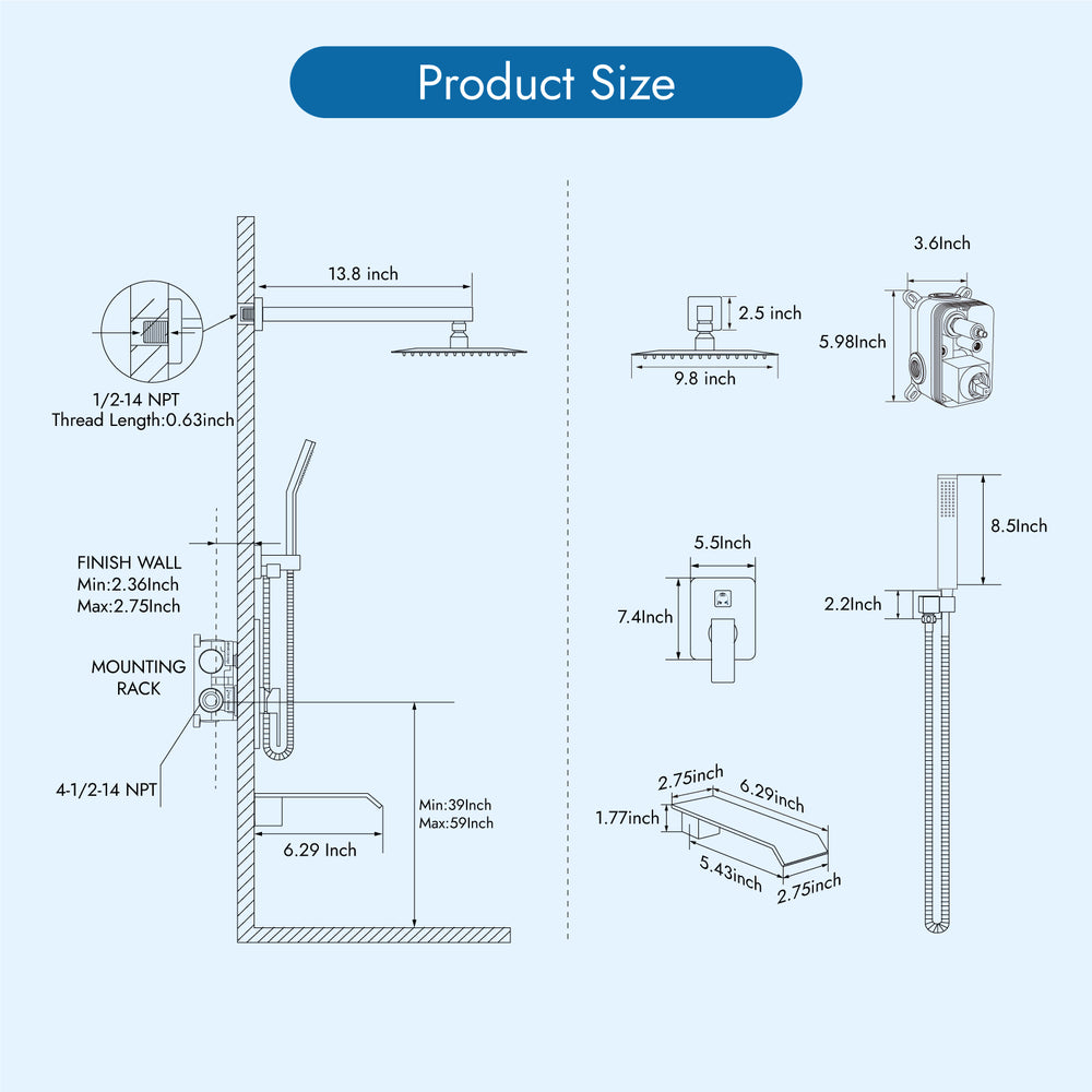 
                  
                    Cinwiny Shower System with Tub Spout Wall Mount Tub Shower Faucet Set Complete 10 Inch Shower Head with Handheld Spray 3 Function Rough-In Valve Included
                  
                