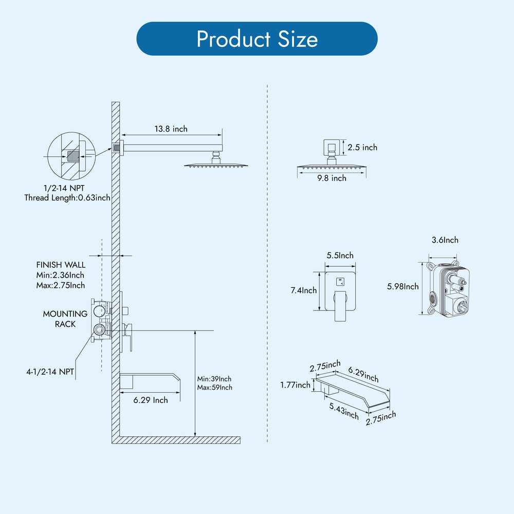 
                  
                    Cinwiny Shower Tub Faucet Set with Valve Shower Fixtures Wall Mounted 10 Inch Shower System Single Handle Shower Faucets Sets Complete 2 Function Waterfall Tub and Shower Trim Kit
                  
                