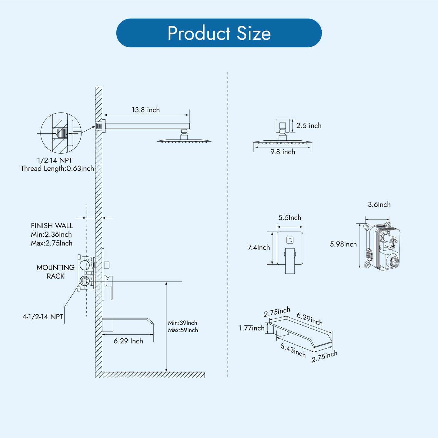 
                  
                    Cinwiny Shower Tub Faucet Set with Valve Shower Fixtures Wall Mounted 10 Inch Shower System Single Handle Shower Faucets Sets Complete 2 Function Waterfall Tub and Shower Trim Kit
                  
                