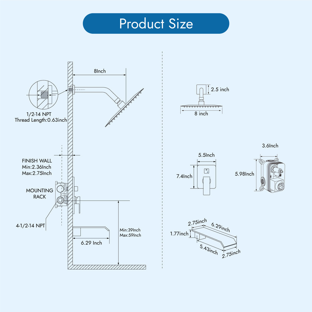 
                  
                    Cinwiny Shower Faucet Set,8 Inch Rainfall Shower Head,Wall Mounted Shower System with Tub Spout,1 Handle Tub and Shower Faucets Sets Complete 2 Function with Waterfall Tub Filler
                  
                