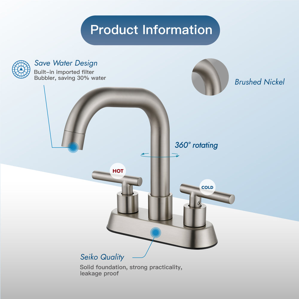 
                  
                    4 Inch Centerset Bathroom Sink Faucet 2 Handle Bathroom Faucets,Deck Mount Mixer Taps Vanity Lavatory Faucet with 360° Swivel Spout Water Supply Hoses
                  
                