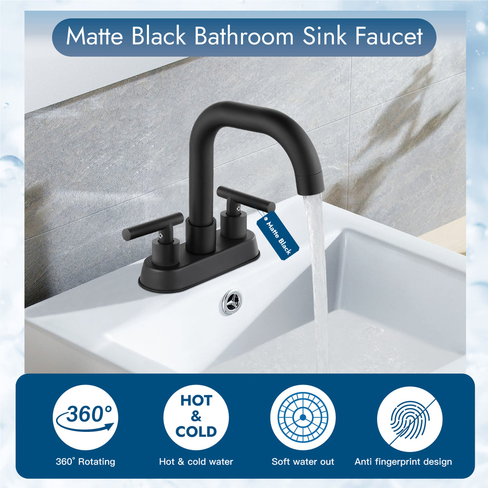 
                  
                    4 Inch Centerset Bathroom Sink Faucet 2 Handle Bathroom Faucets,Deck Mount Mixer Taps Vanity Lavatory Faucet with 360° Swivel Spout Water Supply Hoses
                  
                
