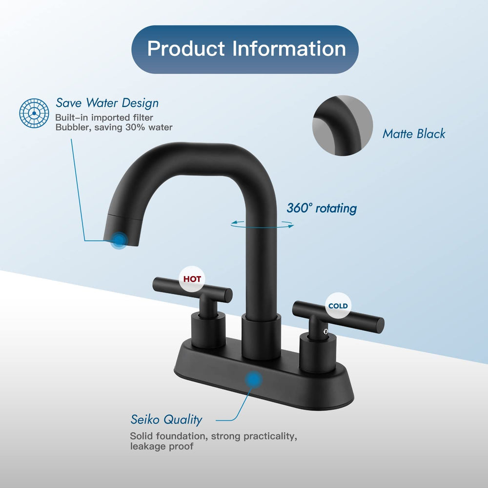 
                  
                    Cinwiny 4 inch centerset Bathroom Faucet Two Handle Vanity Faucet Swivel Spout 360 Degree Deck Mounted Mixer Tap with Pop-up Stopper Water Supply Hoses
                  
                