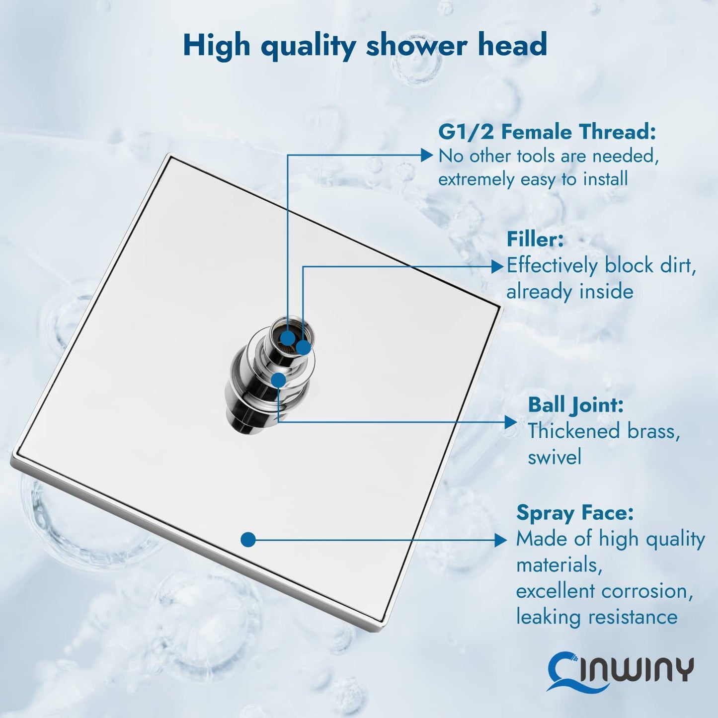 
                  
                    Cinwiny Rain Shower Head 8” Square Overhead Shower High Pressure Angle Adjustable Waterfall Modern Luxury ABS Bathroom Showerhead with Silicone Noozles
                  
                