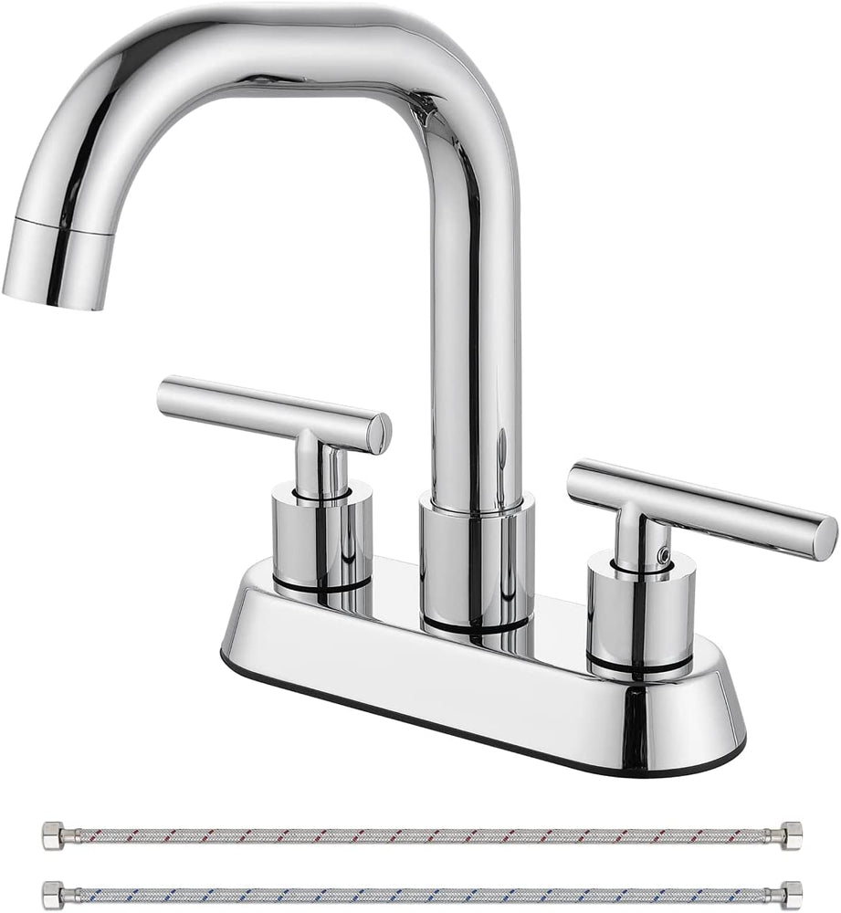 
                  
                    Cinwiny Centerset 4 inch Two Handles Bathroom Sink Faucet Deck Mount Mixer Taps Bathroom Vanity Lavatory Faucet with 360° Swivel Spout Water Supply Hoses
                  
                