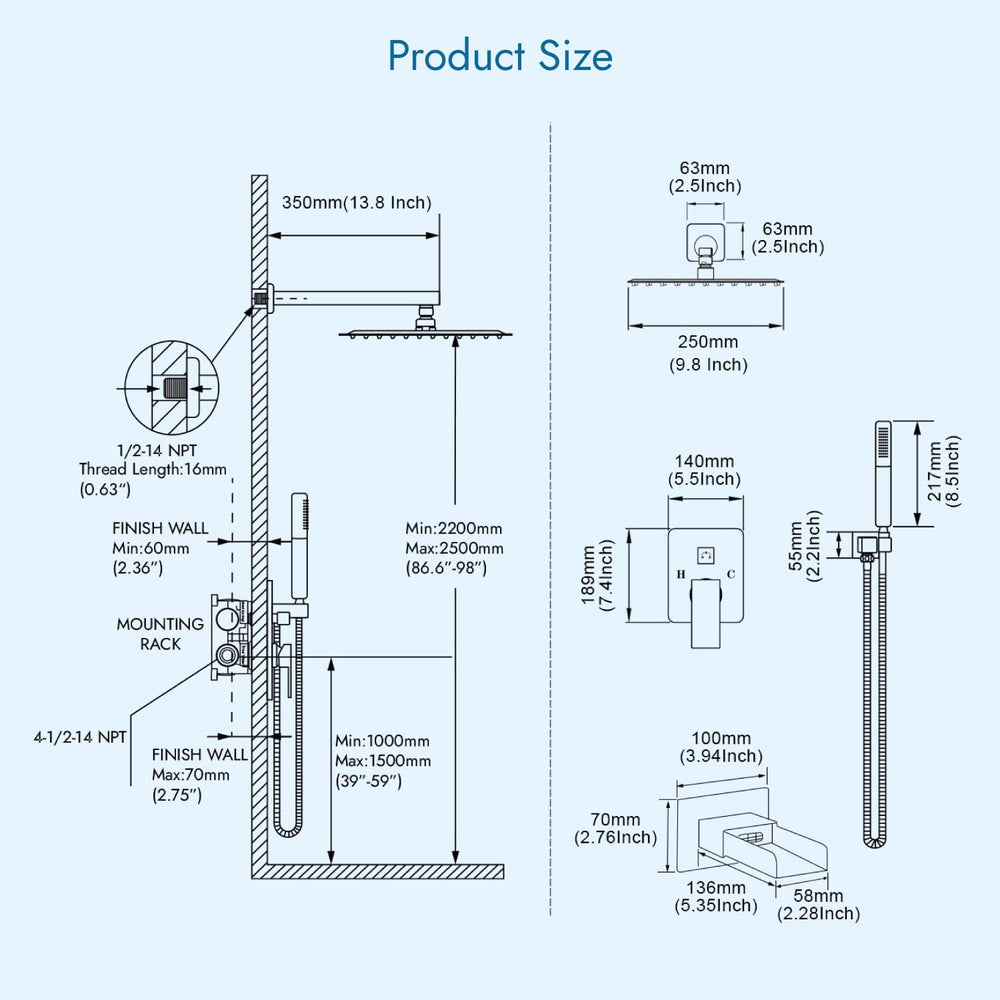 
                  
                    Cinwiny Bathroom Rainfall Shower System 10 Inch Shower Head with 2 in 1 Function Handheld Spray Wall Mount Waterfall Tub Spout Combo Set Rough-in Valve 3 Function Mixer Shower Faucet
                  
                