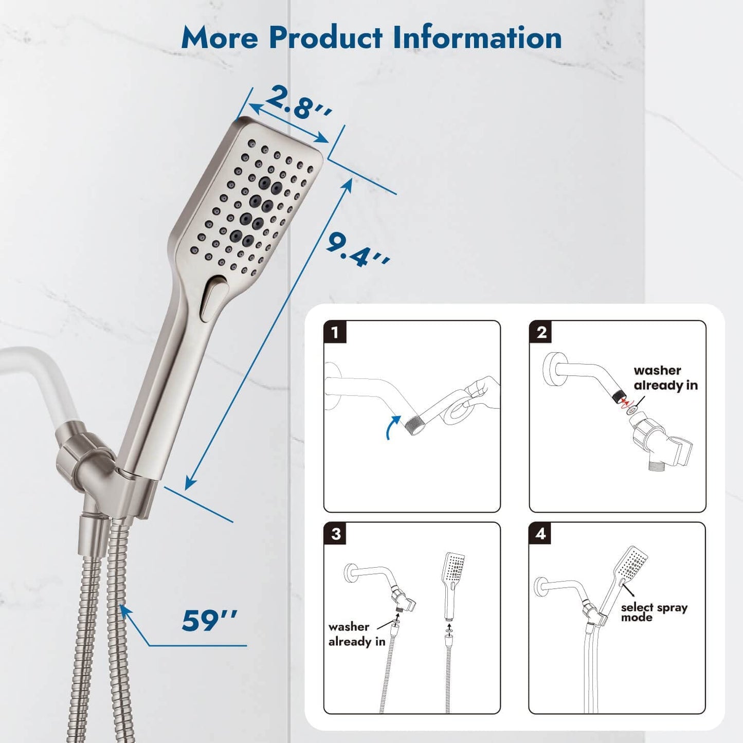 
                  
                    Cinwiny Shower Head with Handheld Wall Mounted High Flow Square Hand Held Sprayer ABS 3 Spray Modes with Adjustable Shower Bracket Holder & 59” SUS304 Hose Combo
                  
                