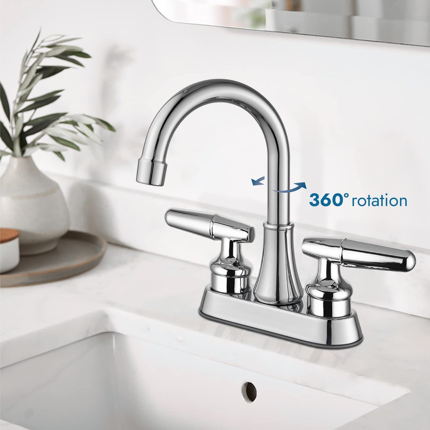 
                  
                    Cinwiny 4” Lavatory Sink Faucet Centerset Bathroom Mixer Tap Deck Mounted 2 Hole Two Handle 360 Degree Swivel Spout Vanity Basin Vessel Faucet
                  
                