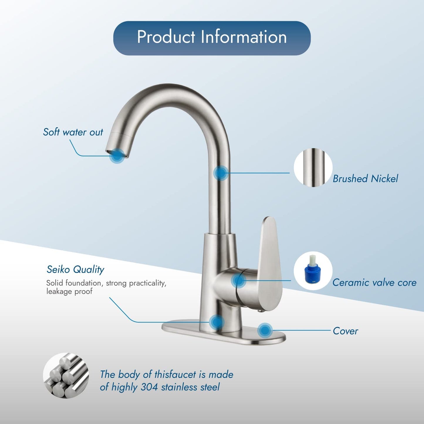 
                  
                    Cinwiny Bar Sink Faucet Single Hole Bathroom Faucet Brushed Nickel Small RV Campers Tap Faucet Deck Mounted Long Neck SUS304 Kitchen Vanity Faucet with Deck Plate
                  
                