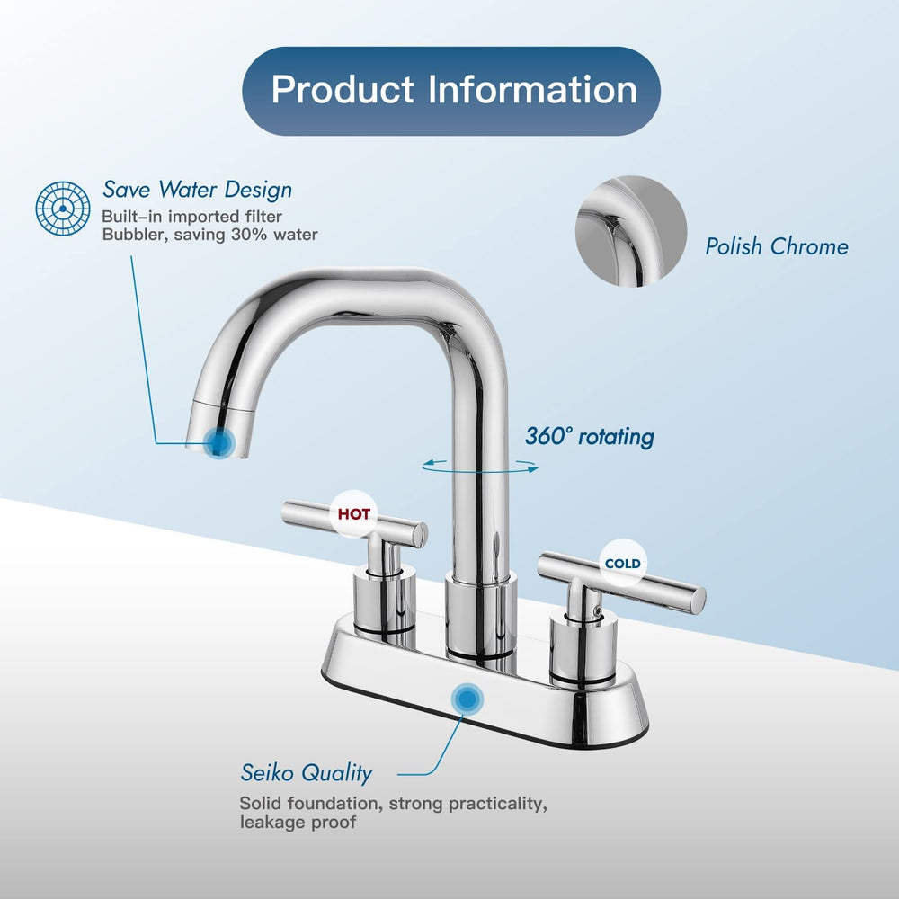 
                  
                    Cinwiny 4 inch centerset Bathroom Faucet Two Handle Vanity Faucet Swivel Spout 360 Degree Deck Mounted Mixer Tap with Pop-up Stopper Water Supply Hoses
                  
                