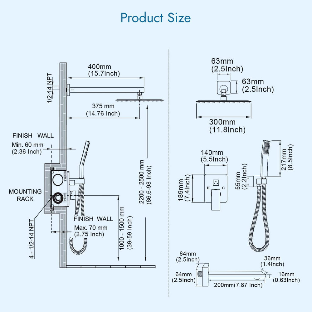 
                  
                    Cinwiny 12 Inch Wall Mounted Rainfall Shower System Shower Head Set with Tub Spout Luxury Rough-in Valve 3 Function Mixer Shower Combo Kit
                  
                