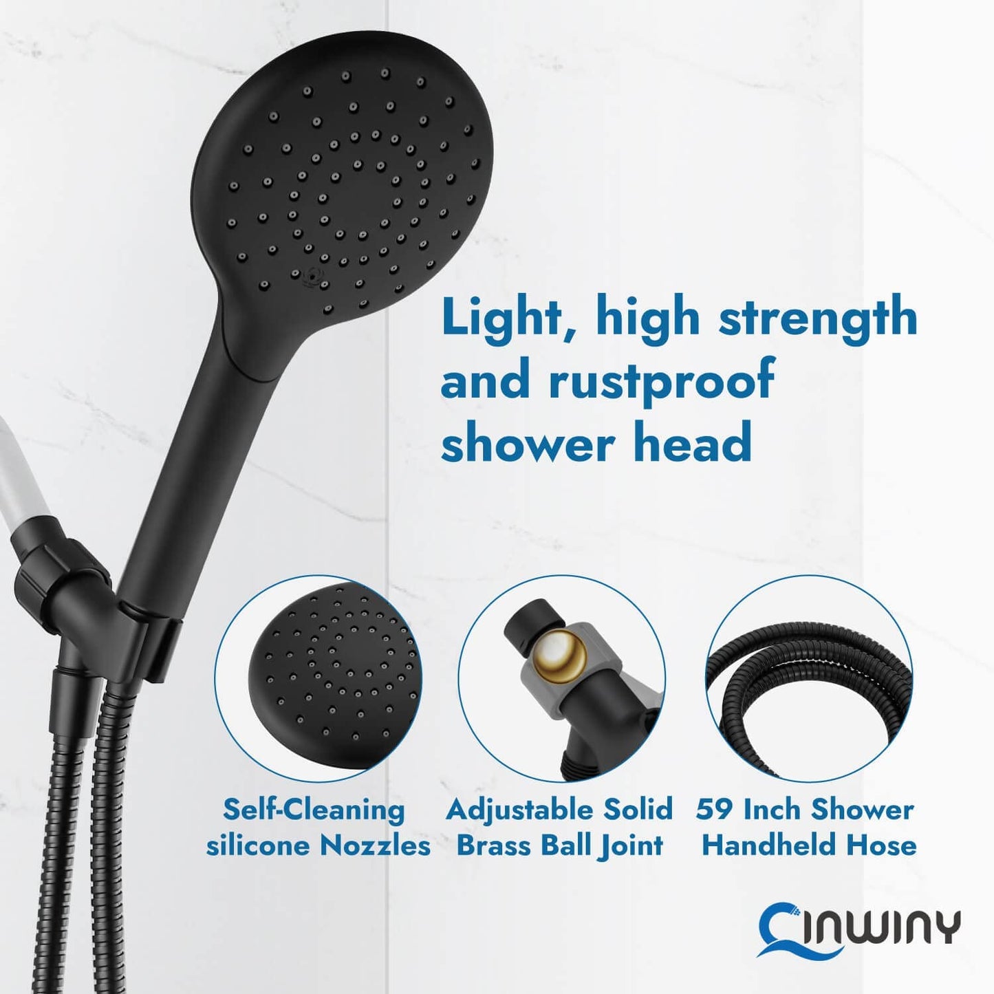 
                  
                    Cinwiny Hand Held Showerhead High Flow Wall Mounted Round Handheld Shower Sprayer ABS Single Function with Adjustable Shower Holder and 59” Stainless Steel Hose
                  
                