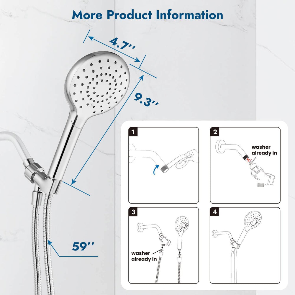 
                  
                    Cinwiny Hand Held Showerhead High Flow Wall Mounted Round Handheld Shower Sprayer ABS Single Function with Adjustable Shower Holder and 59” Stainless Steel Hose
                  
                