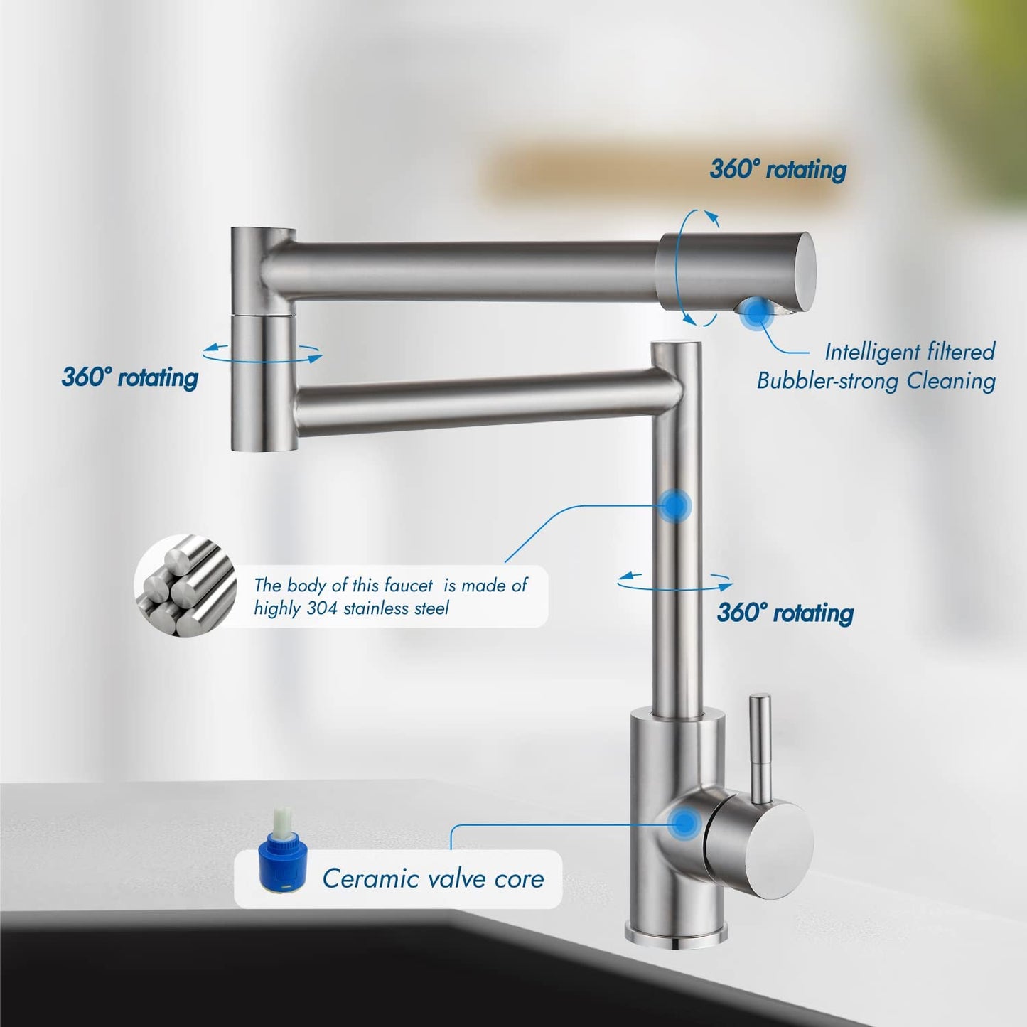 
                  
                    Cinwiny Deck Mount Pot Filler Faucet Hot and Cold Water Single Handle Countertop Double Joints 360° Rotating Retractable Commercial Kitchen Sink Faucet Stainless Steel
                  
                