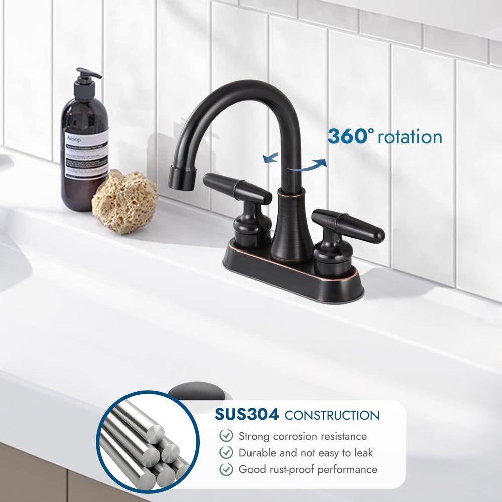 
                  
                    Cinwiny 4” Lavatory Sink Faucet Centerset Bathroom Mixer Tap Deck Mounted 2 Hole Two Handle 360 Degree Swivel Spout Vanity Basin Vessel Faucet
                  
                