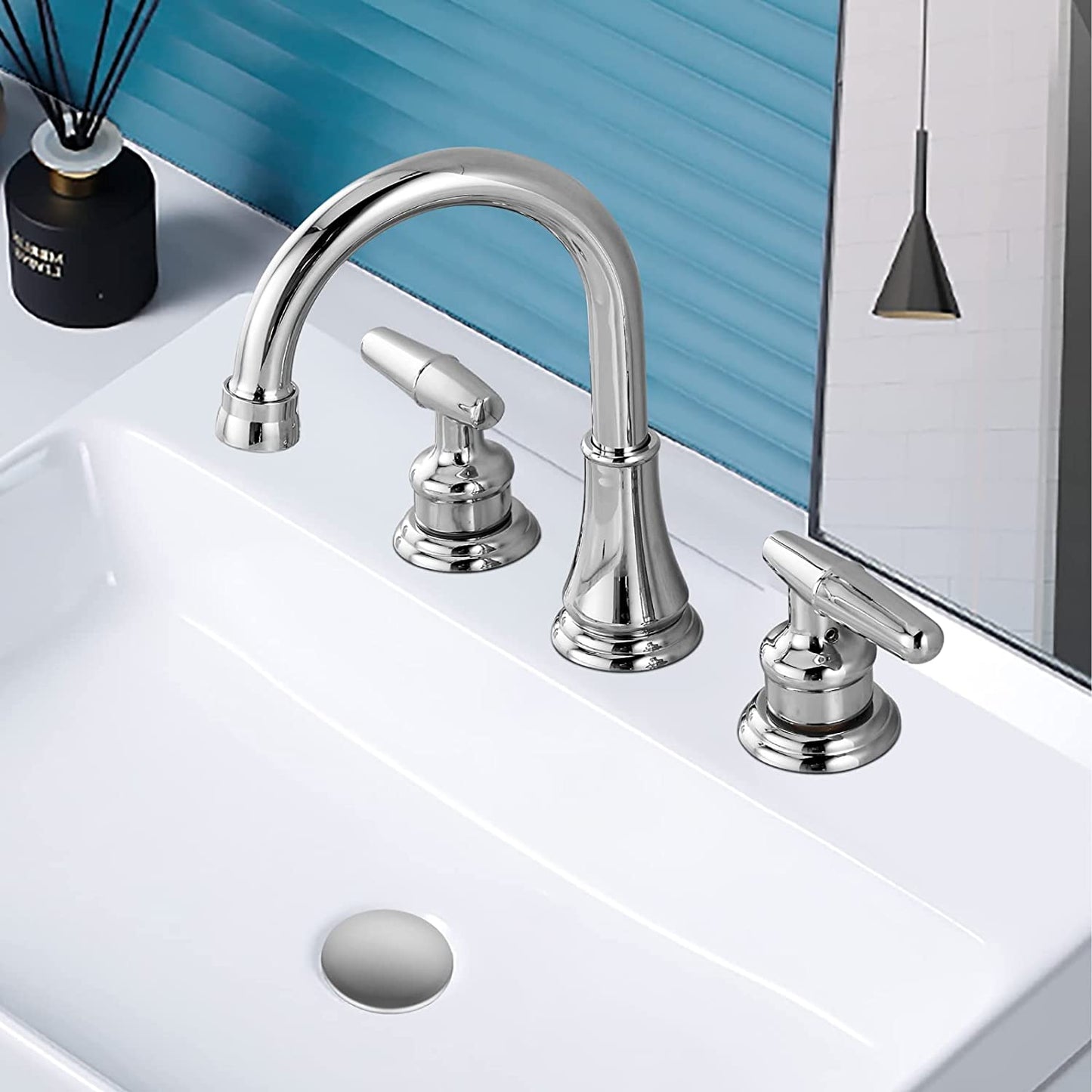 
                  
                    Cinwiny Widespread Bathroom Basin Faucet 8” Deck Mount Lavatory Vessel Sink Faucet Three Holes Two Handles Vanity Mixer Tap with Pop up Drain
                  
                