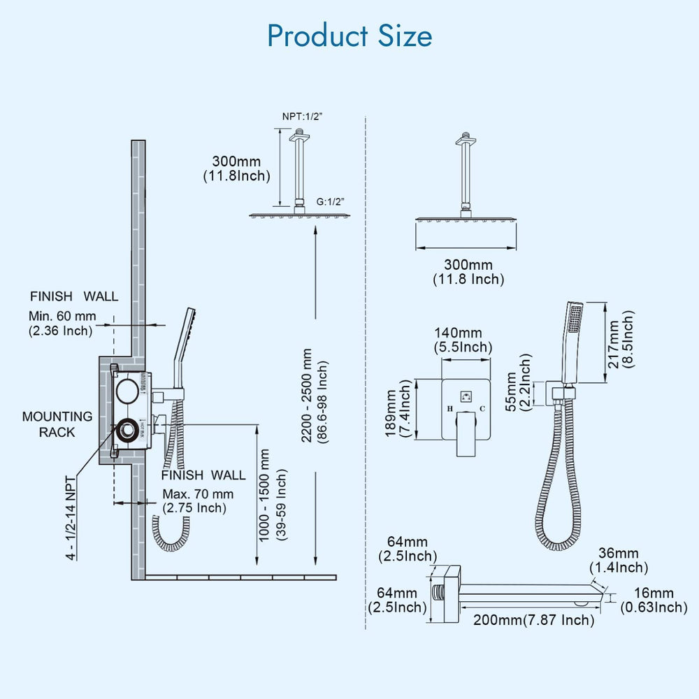 
                  
                    Cinwiny Shower System with Tub Spout 3 Function Mixer Shower Combo Kit Ceiling Mounted 12 Inch Rainfall Shower Head Set with Handheld Shower Spray Luxury Rough-in Valve
                  
                