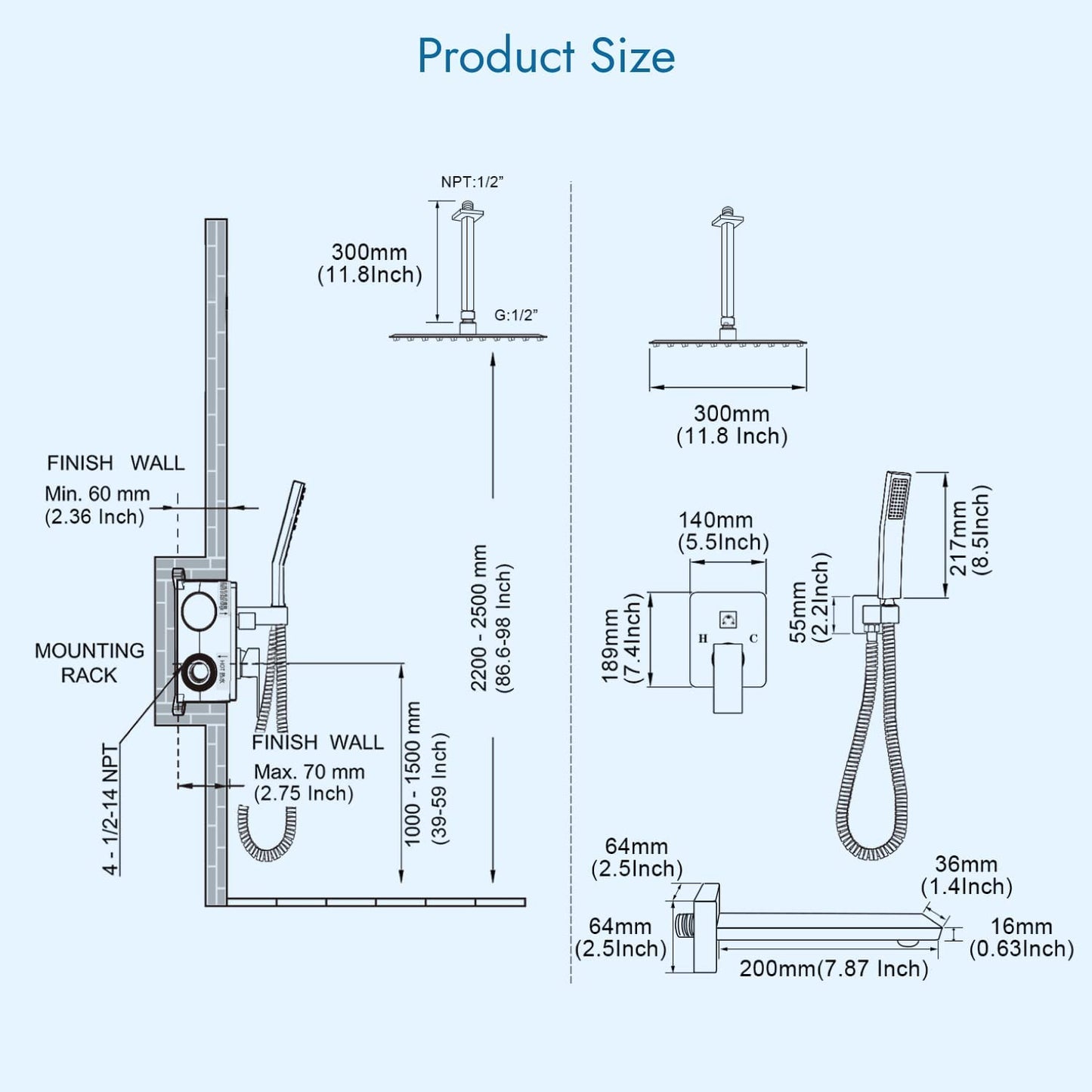 
                  
                    Cinwiny Shower System with Tub Spout 3 Function Mixer Shower Combo Kit Ceiling Mounted 12 Inch Rainfall Shower Head Set with Handheld Shower Spray Luxury Rough-in Valve
                  
                