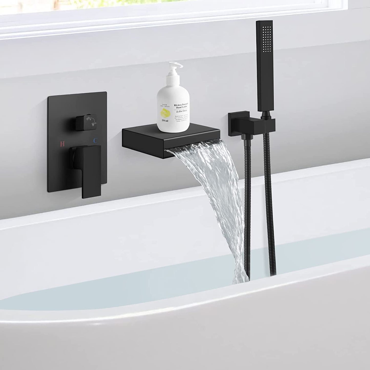 
                  
                    Cinwiny Wall Mount Waterfall Tub Filler Spout with Handheld Shower Single Handle Bathtub Shower Faucet Set Rough in Valve Brass
                  
                