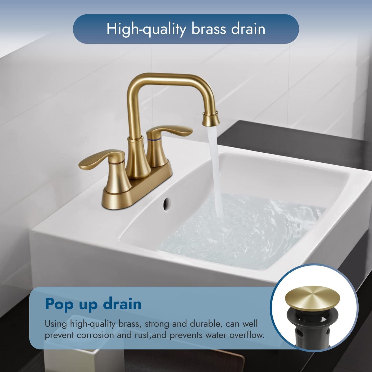 
                  
                    Cinwiny Brushed Gold Centerset 4 Inch Bathroom Sink Faucet NSF&cUPC Standard Double Handle Swivel Spout Lavatory Deck Mount Mixer Tap Two Hole with Pop-up Drain Water Supply Hoses
                  
                
