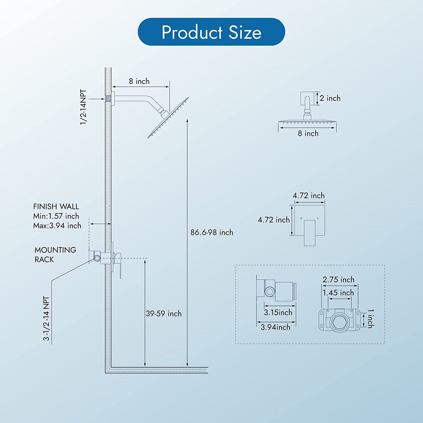 
                  
                    Cinwiny Wall Mounted Rain Shower System with 8 Inch Square Showerhead Bathroom Shower Faucet Set Single Function Single Handle With Rough-in Valve Bathroom Rainfall Shower Trim Kit
                  
                