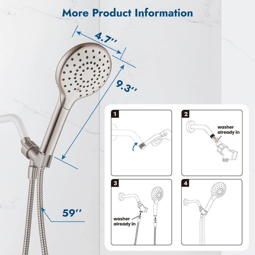 
                  
                    Cinwiny Hand Held Showerhead High Flow Wall Mounted Round Handheld Shower Sprayer ABS Single Function with Adjustable Shower Holder and 59” Stainless Steel Hose
                  
                