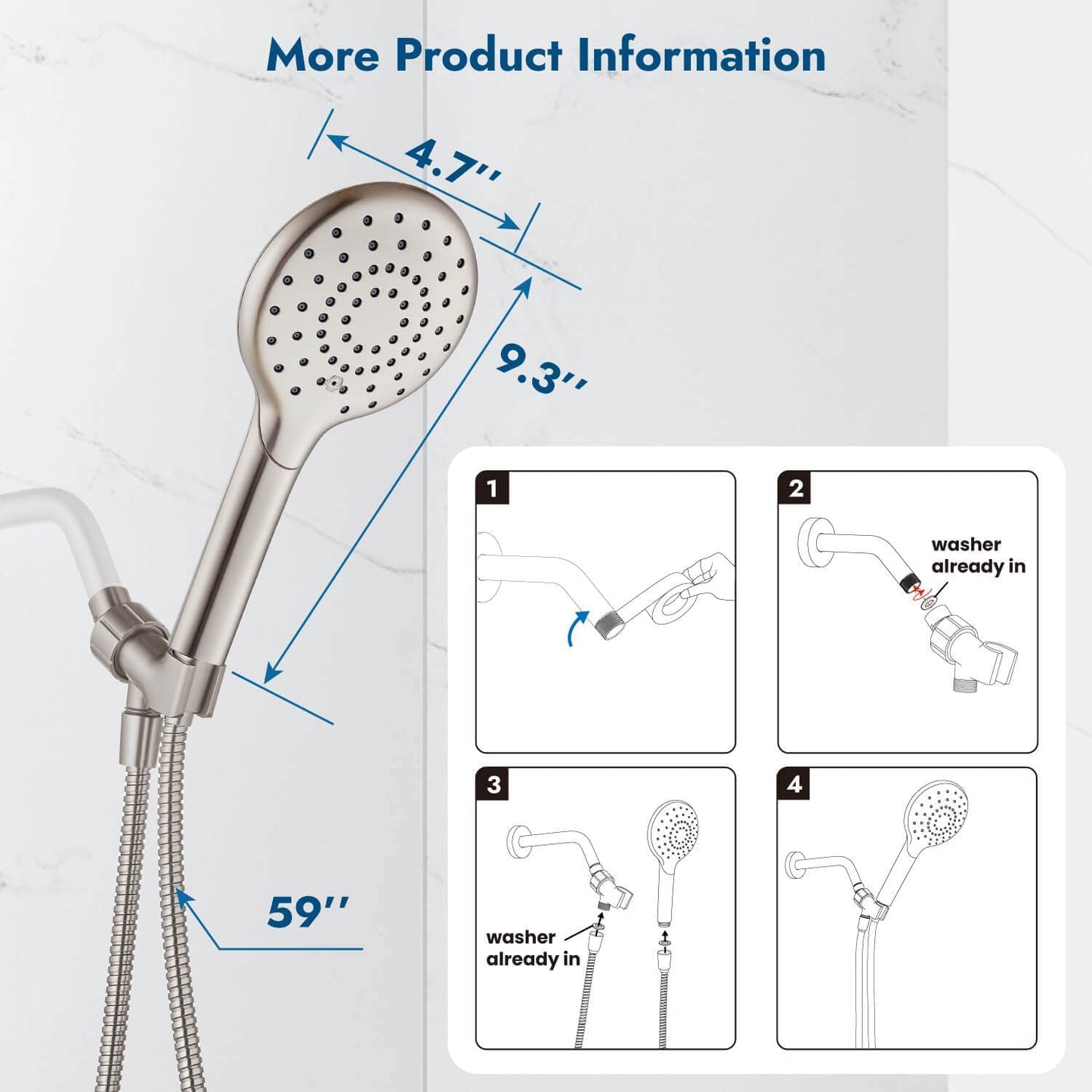 
                  
                    Cinwiny Hand Held Showerhead High Flow Wall Mounted Round Handheld Shower Sprayer ABS Single Function with Adjustable Shower Holder and 59” Stainless Steel Hose
                  
                